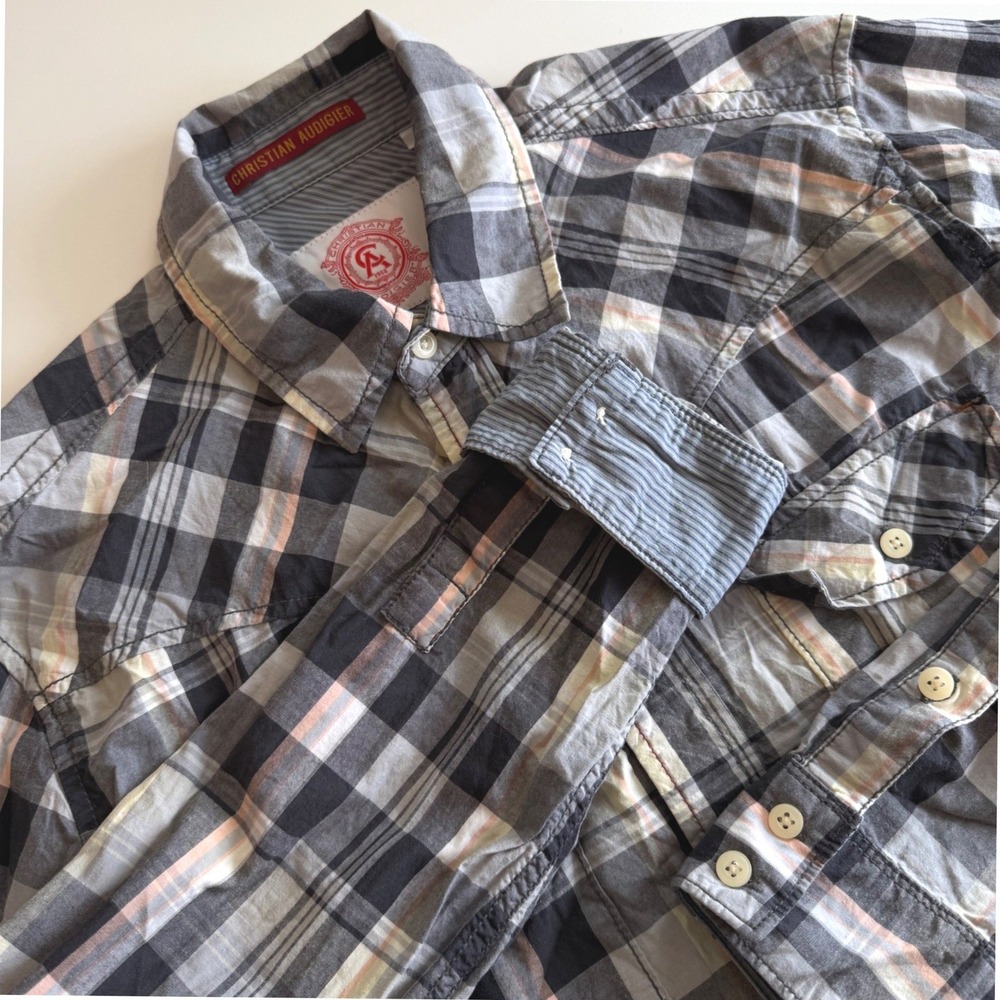 Christian Audigier Mens Plaid Button Down Shirt Black Grey Orange Long Sleeve‎ M